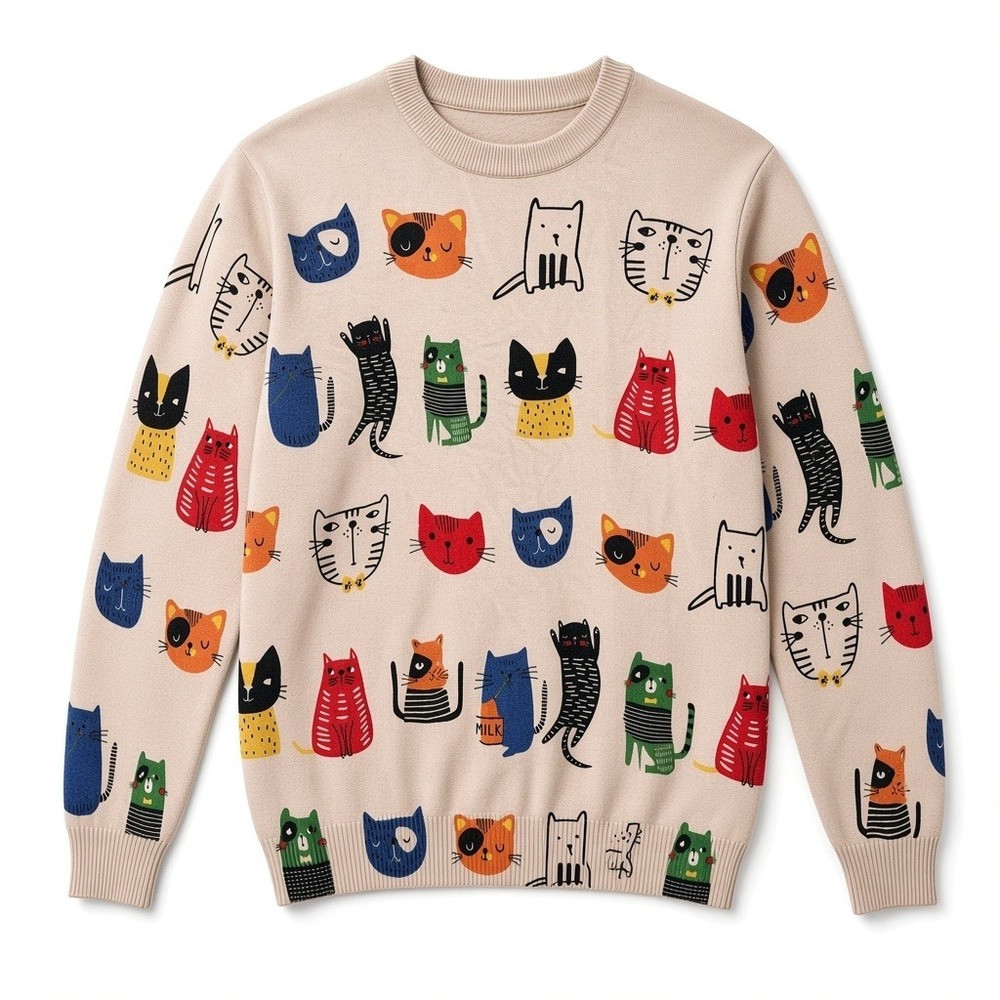 Colorful Cat Print Sweater XL Quirky Whimsical Novelty Crewneck Pullover
